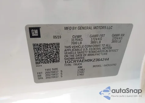 2019 Chevrolet Silverado 1500 Work Truck from USA, damaged, VIN 1GCRYAEH0KZ364244